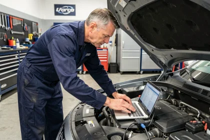 Technicien Shiftech Lille connectant un diagnostic OBD pour reprogrammation moteur E85 sur une berline européenne en atelier
