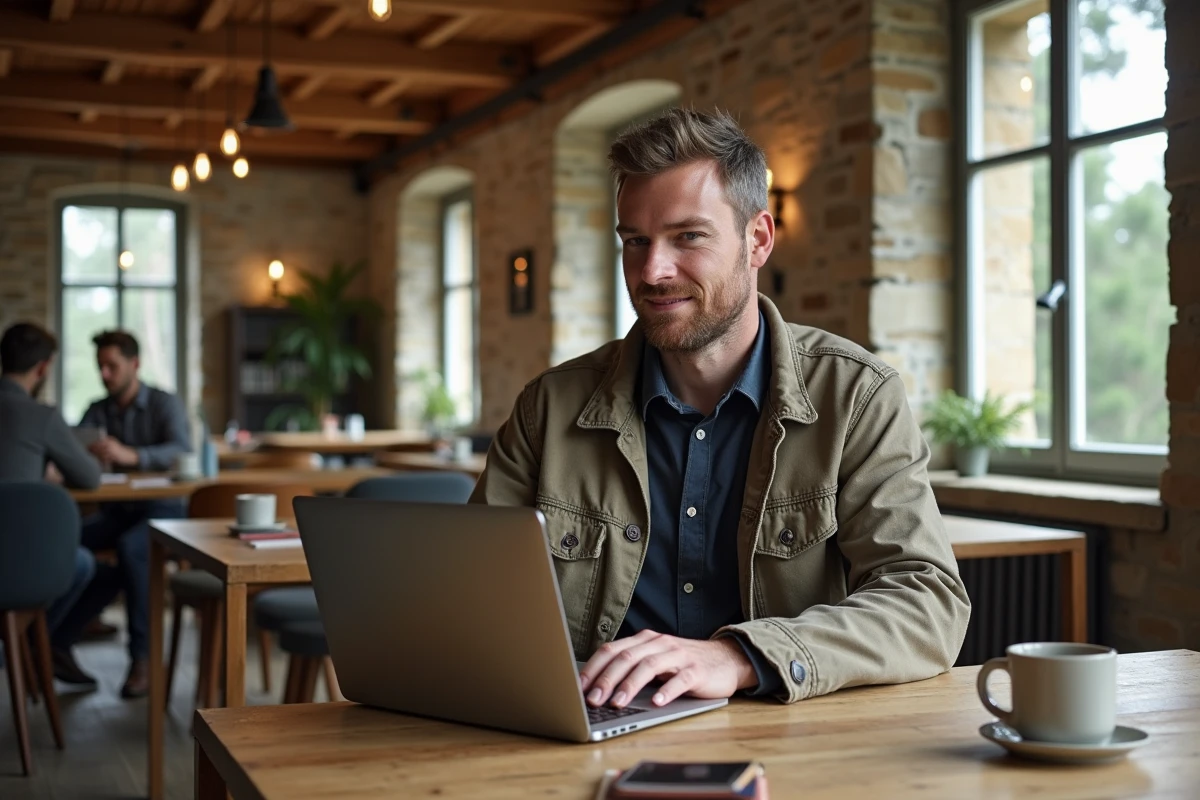 Homme travaillant en télétravail dans un espace de coworking rustique en Landes, ancienne ferme rénovée entourée de forêt de pins