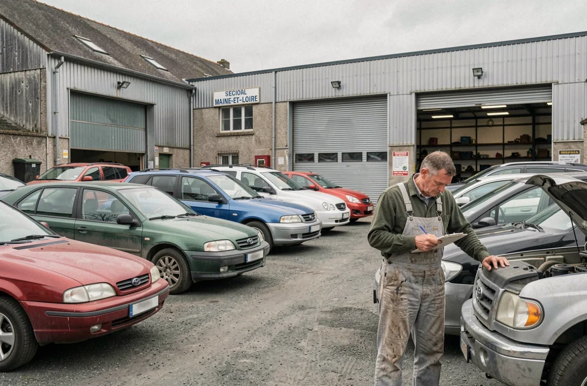 Parking et atelier du Top Garage Maine-et-Loire avec une sélection diversifiée de véhicules d'occasion et un mécanicien au travail