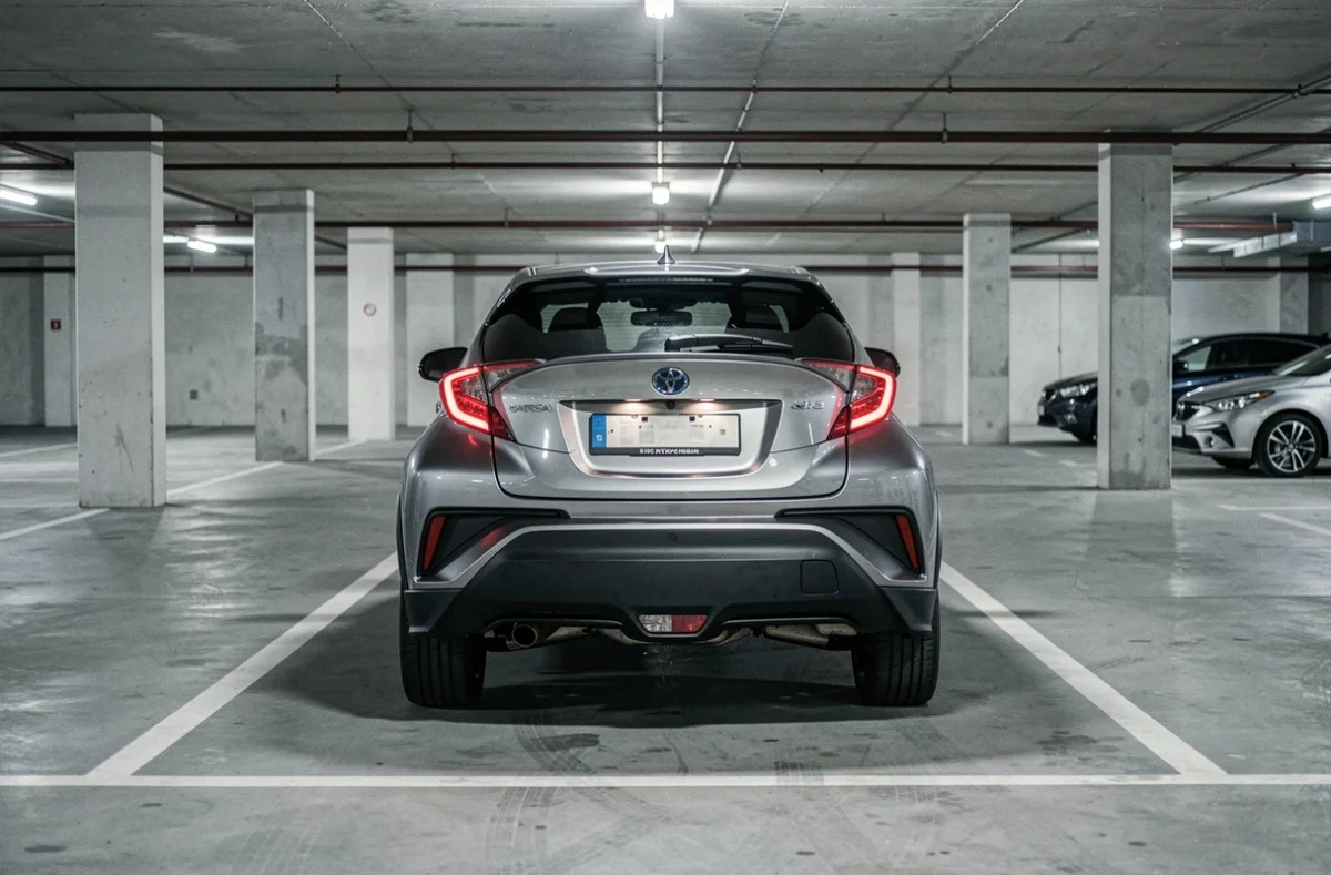 Toyota C-HR vu de derrière dans un parking souterrain, illustrant la largeur et les dimensions compactes du véhicule