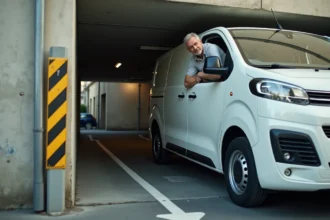 Conducteur manœuvrant un Trafic H2 à l'entrée d'un parking souterrain en ville avec barre de hauteur