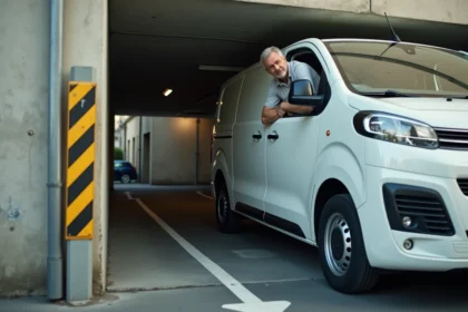 Conducteur manœuvrant un Trafic H2 à l'entrée d'un parking souterrain en ville avec barre de hauteur