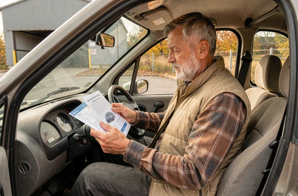 Homme vérifiant les documents d'une voiture sans permis d'occasion chez un concessionnaire dans l'Yonne