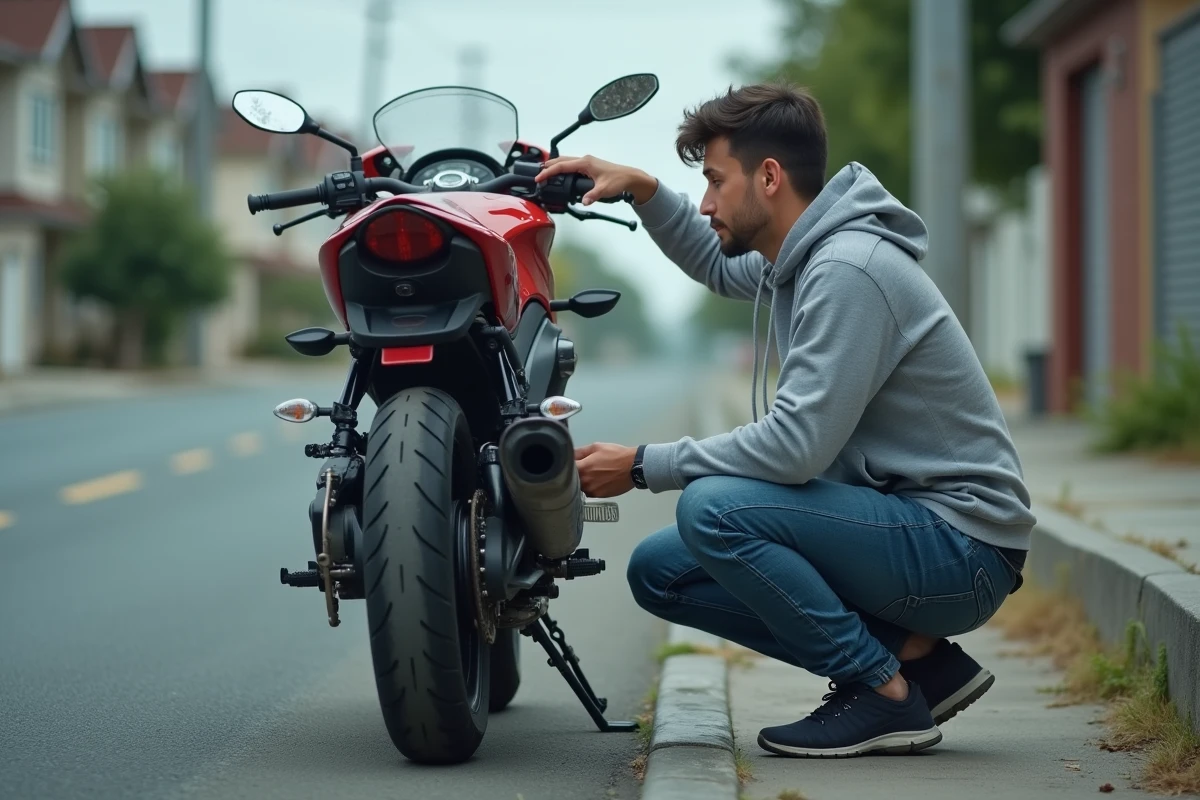 Homme examinant l'usure du pneu et du disque de frein d'une Yamaha 125 TZR dans une rue résidentielle