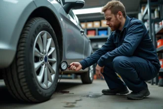 Technicien automobile vérifiant la pression des pneus d'une Ford Fiesta avec un manomètre numérique dans un garage