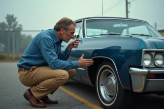Expert authentifiant le numéro VIN d'une Chevrolet Impala 1967 bleu nuit sur un parking, vue 3/4 réaliste