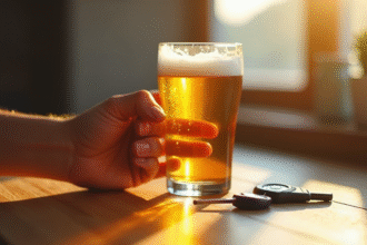 Verre de bière dans la main sur table en bois lumineux