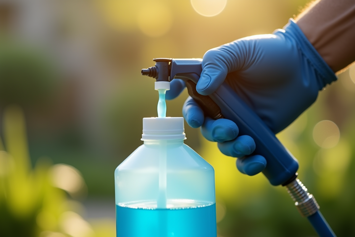 Main gantée versant AdBlue dans un pulvérisateur en jardin