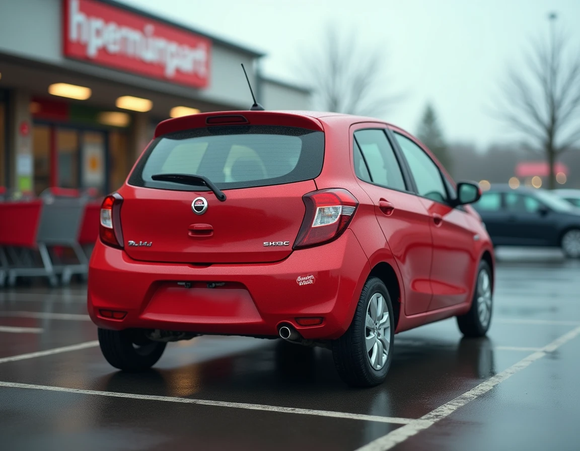 Petite voiture rouge avec pastille jeune conducteur garée dans un parking de supermarché français