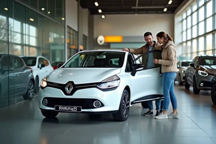 Couple examinant une Renault Clio dans une concession automobile française