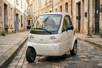 Voiture sans permis d'occasion blanche garée dans une rue pavée d'une ville française