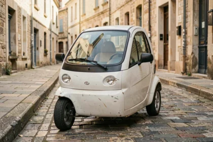 Voiture sans permis d'occasion blanche garée dans une rue pavée d'une ville française