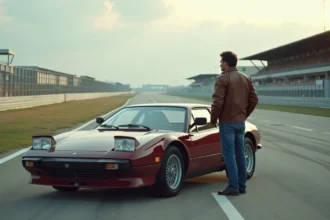 Homme en blouson vintage près d'une voiture de sport 90s