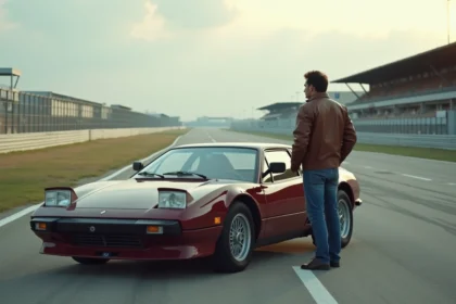 Homme en blouson vintage près d'une voiture de sport 90s