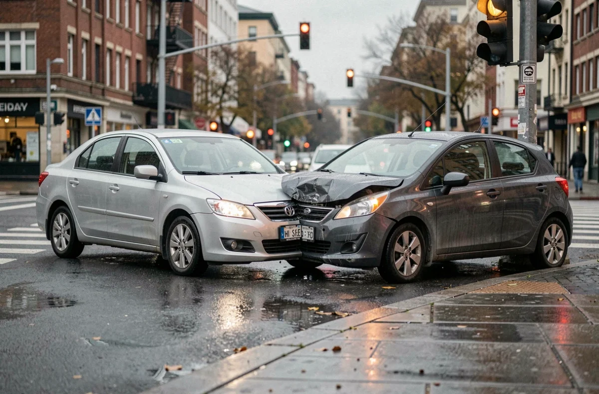 Deux voitures accidentées avec dommages visibles sur pare-chocs dans une rue urbaine mouillée