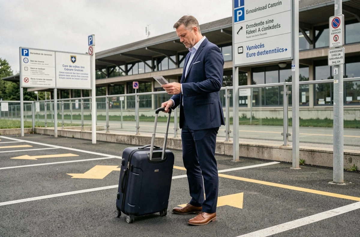 Voyageur avec valise récupérant sa place de parking réservée en ligne à la gare de Valence