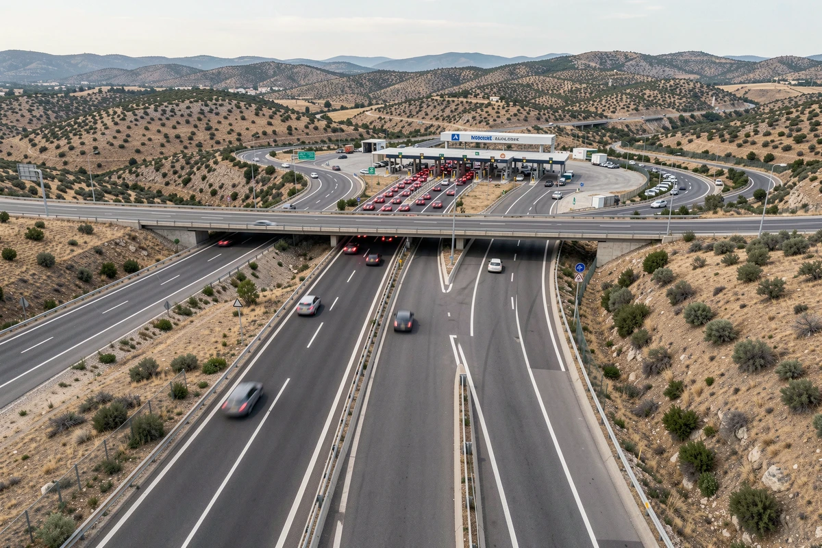 Vue aérienne d'un échangeur autoroutier en France avec de nombreux véhicules ralentis pendant un chassé-croisé