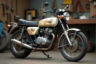 Yamaha 125 TZR mal entretenue dans un garage avec rouille sur le pot d'échappement et carénages fissurés